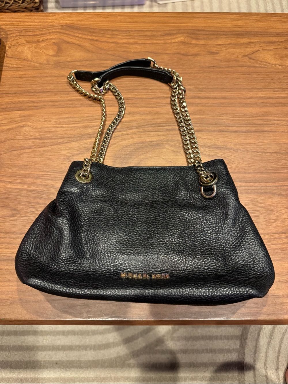 Michael Kors Black Pebbled Leather Shoulder Bag with Gold Chain
